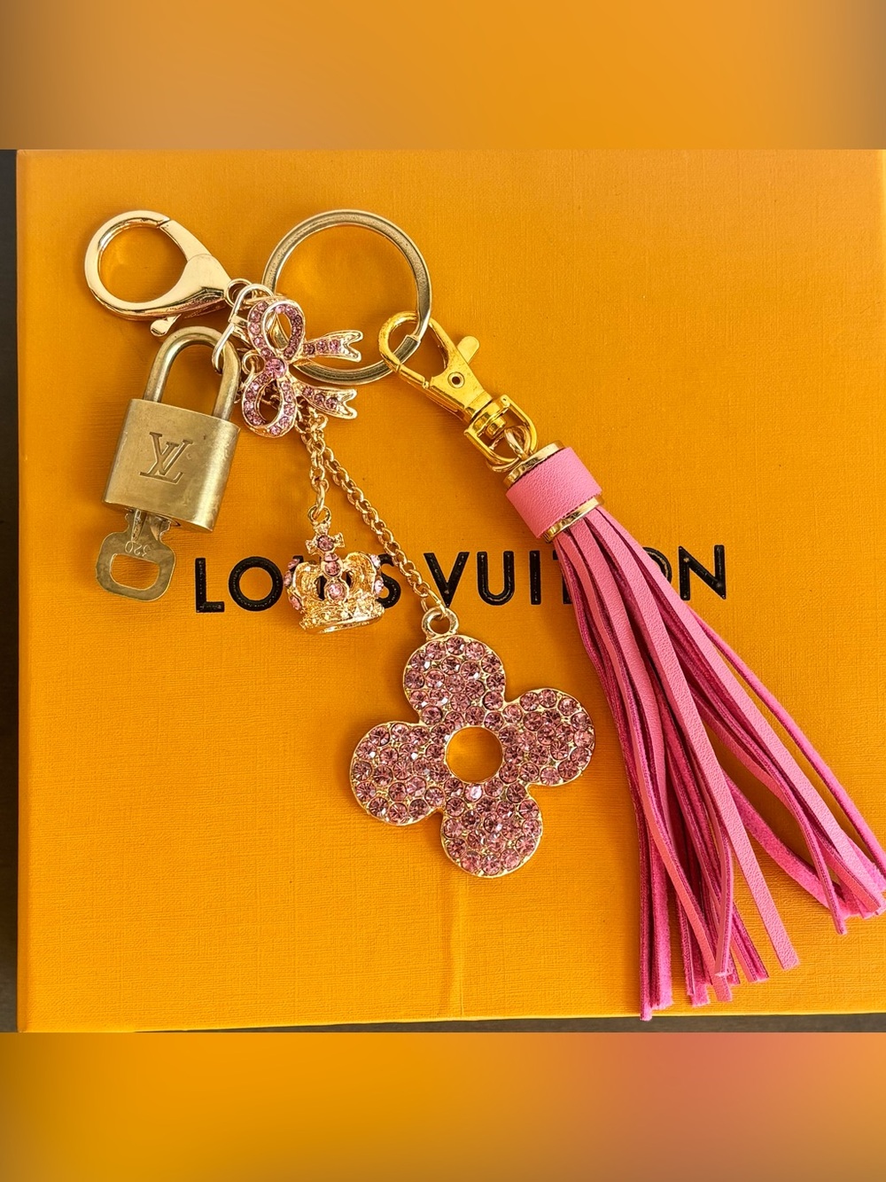 Louis Vuitton Brass Lock and Key Bag Charm, Pink Rhinestones, 8 inches